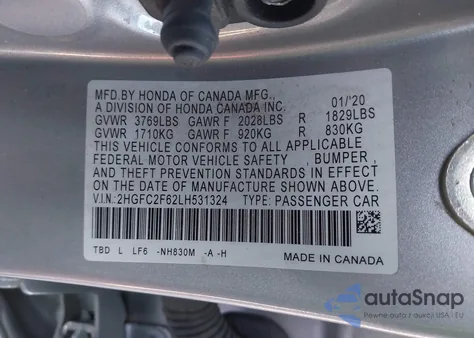 2020 Honda Civic Lx z USA, uszkodzony, nr VIN 2HGFC2F62LH531324